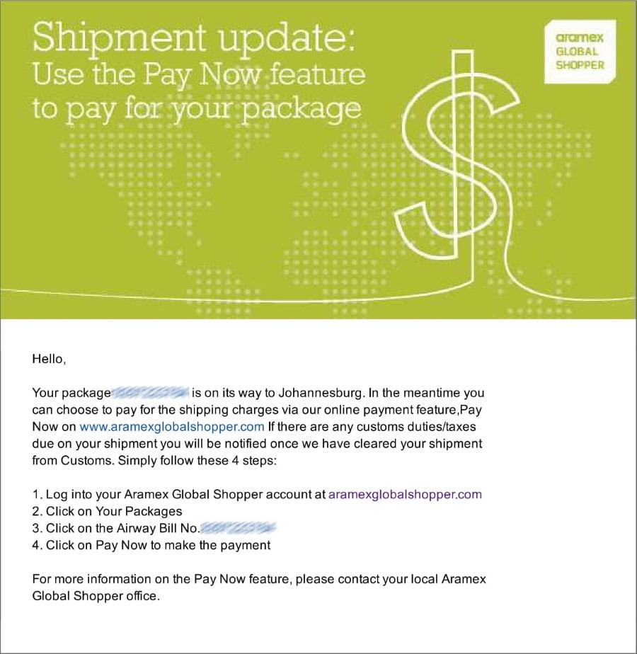 aramex email requesting payment for your shipment