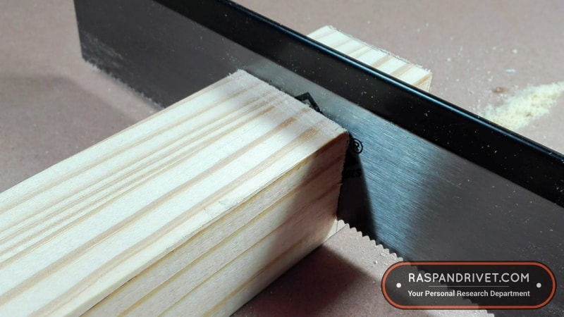 Almost through the pine wood with a cross cut using the standard saw. Almost through the pine wood with a cross cut using the standard saw.