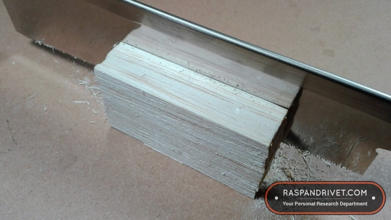 Halfway through a the block of balsa wood with the dozuki. Halfway through a the block of balsa wood with the dozuki.