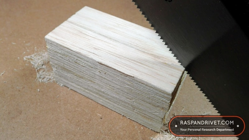 Starting a rip cut on a block of balsa wood with the standard saw. Starting a rip cut on a block of balsa wood with the standard saw.