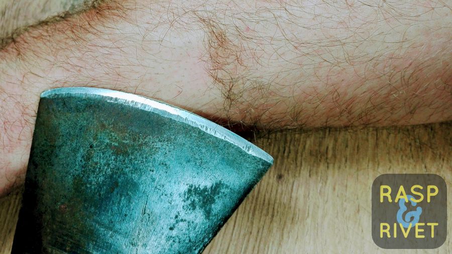 The traditional arm hair cutting test proves that the Lansky did a fine job of sharpening this axe. The traditional arm hair cutting test proves that the Lansky did a fine job of sharpening this axe.